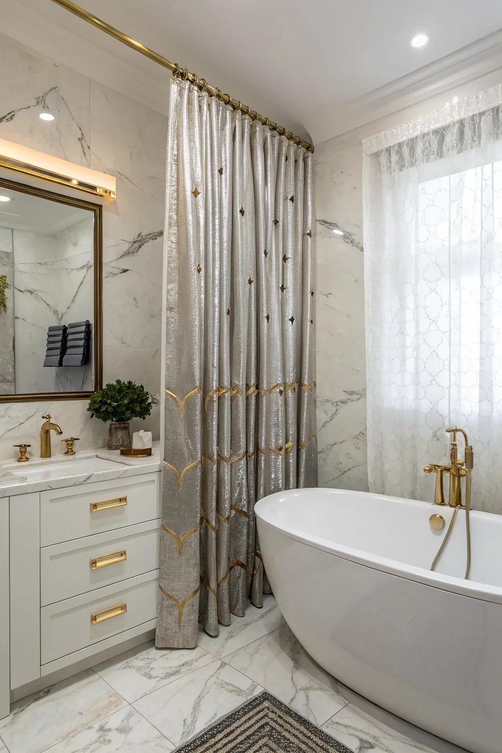 Your restroom design gains a glamorous touch from metallic accents.