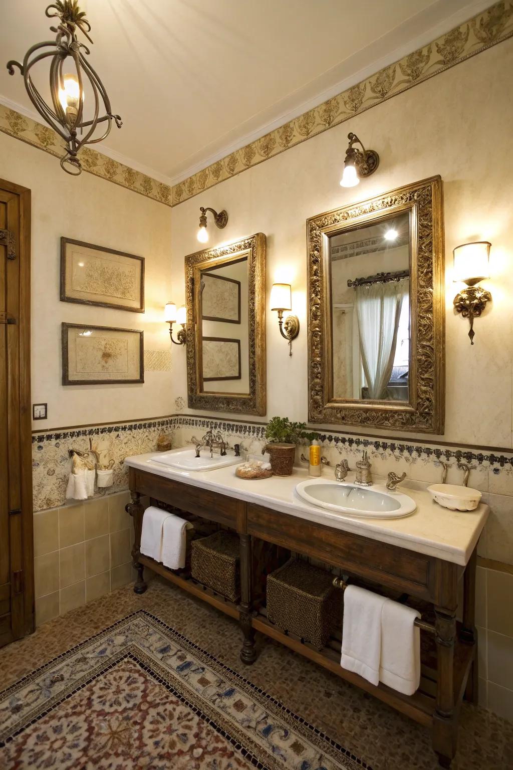 A bathroom where aged elements merge with modern design, fashioning a timeless allure.