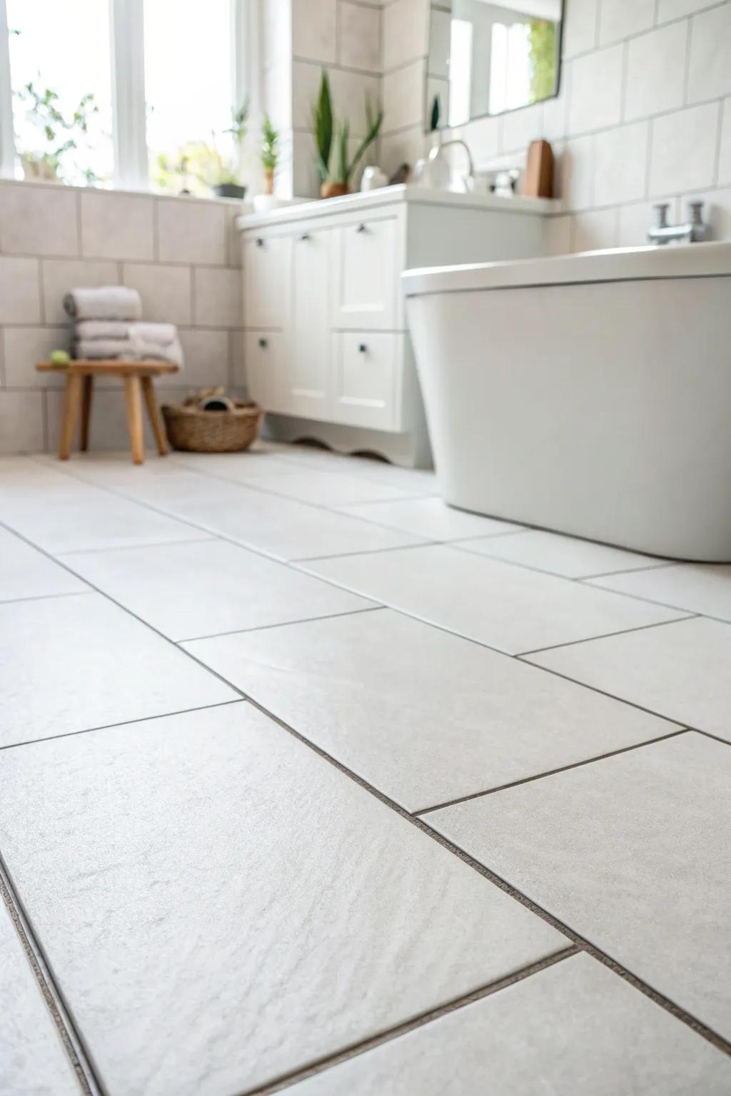 Expansive format floorings fashion a spacious and open sensation in washrooms.
