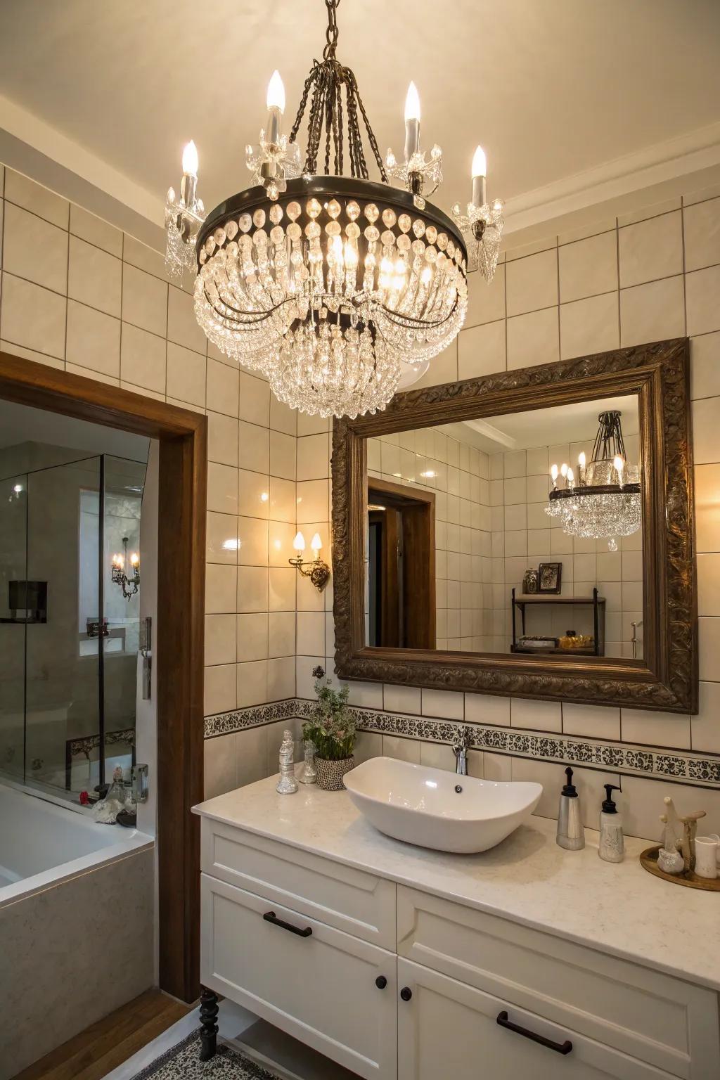 A bathroom showcasing a decorative chandelier that imparts elegance.