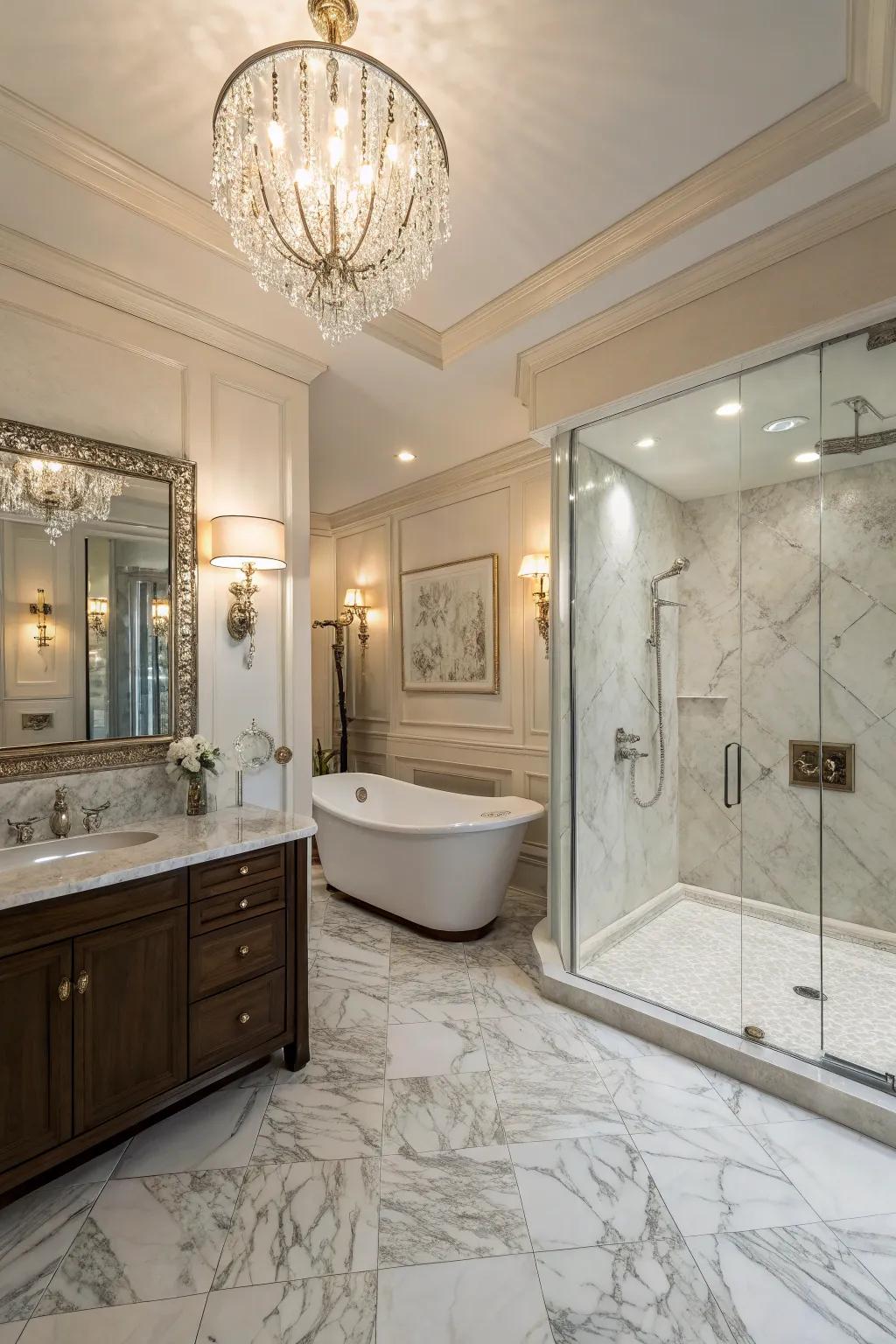 Crystal-adorned wall lights contribute a hint of glamour and shimmer.