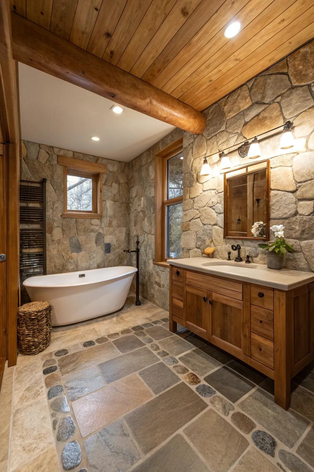 Natural items like rock and wood create a warm and inviting atmosphere.
