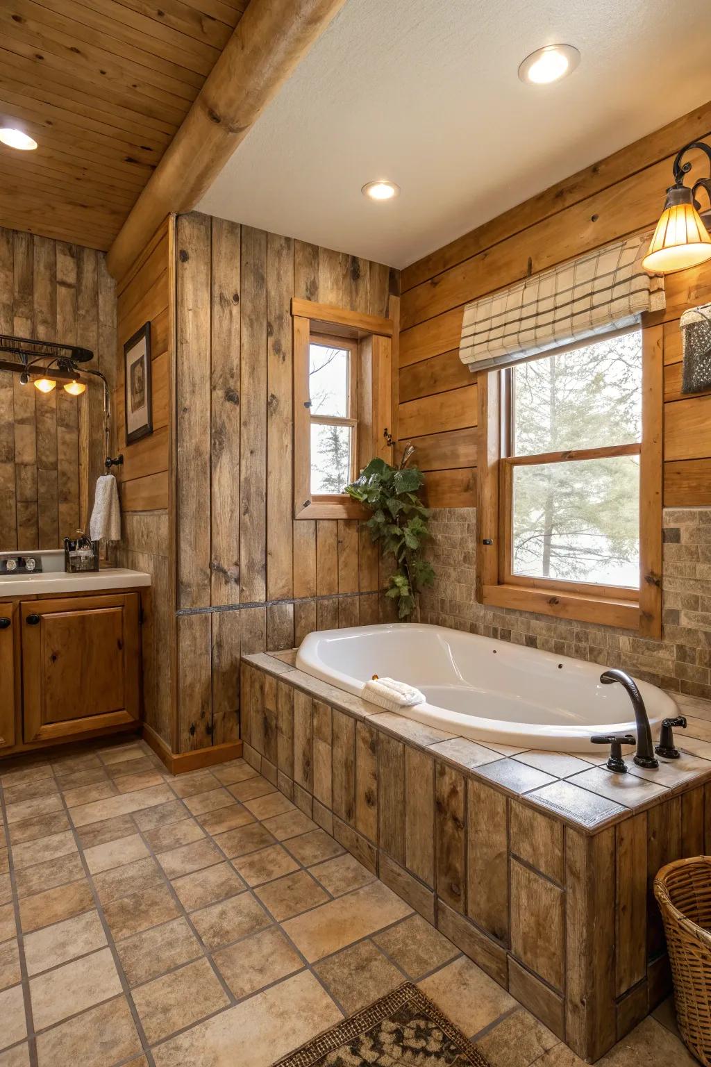 With timber-look squares surrounding the tub, you can embrace down-home charm.