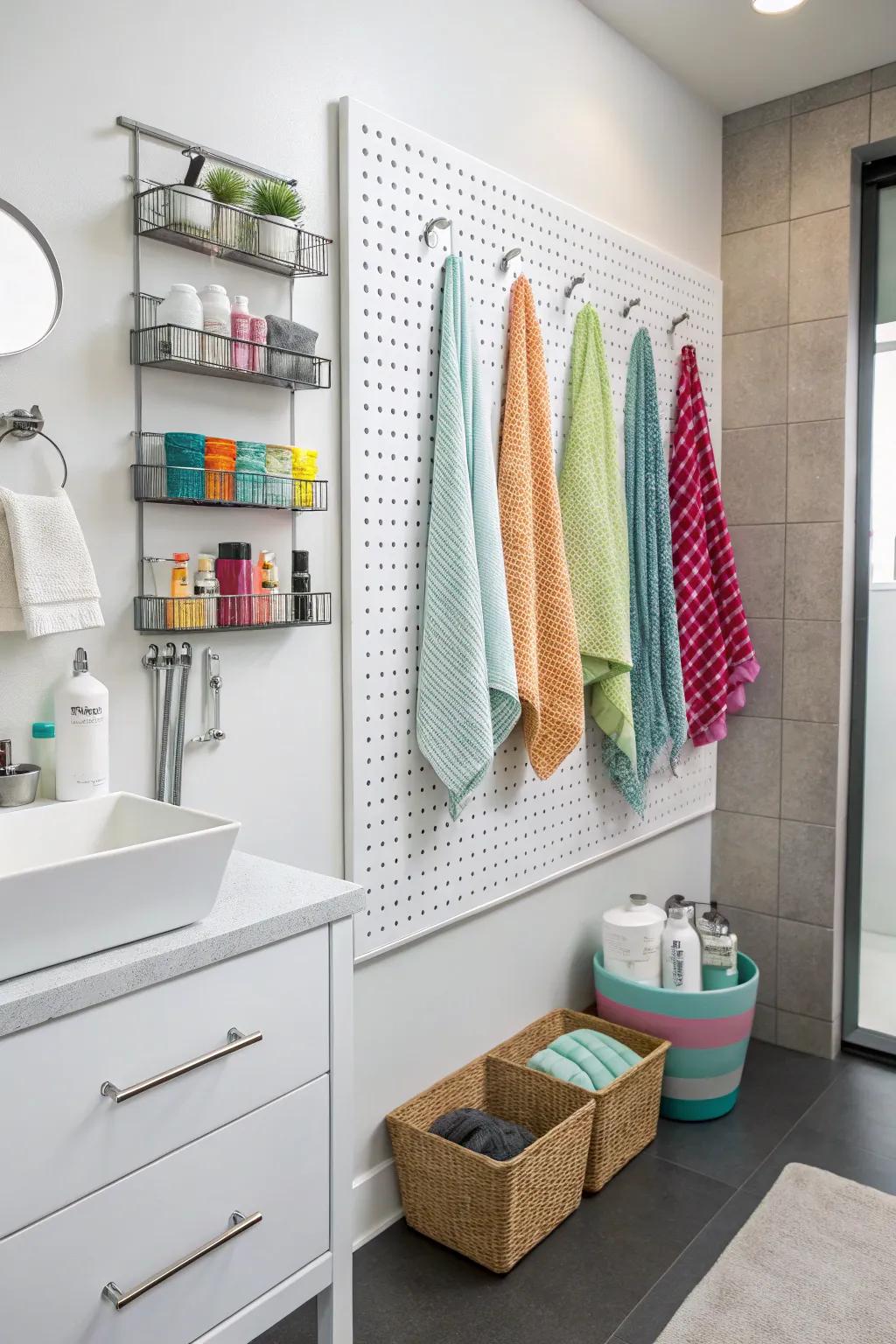 Pegboards extend customizable and adaptable towel accommodations.