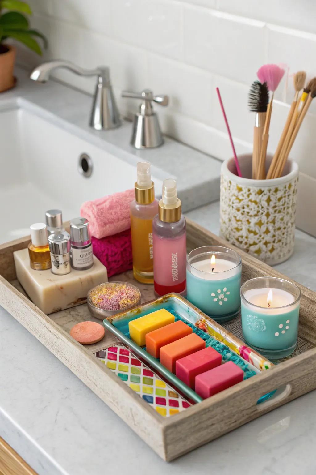 A pop of color can enliven a neutral bathroom setting.