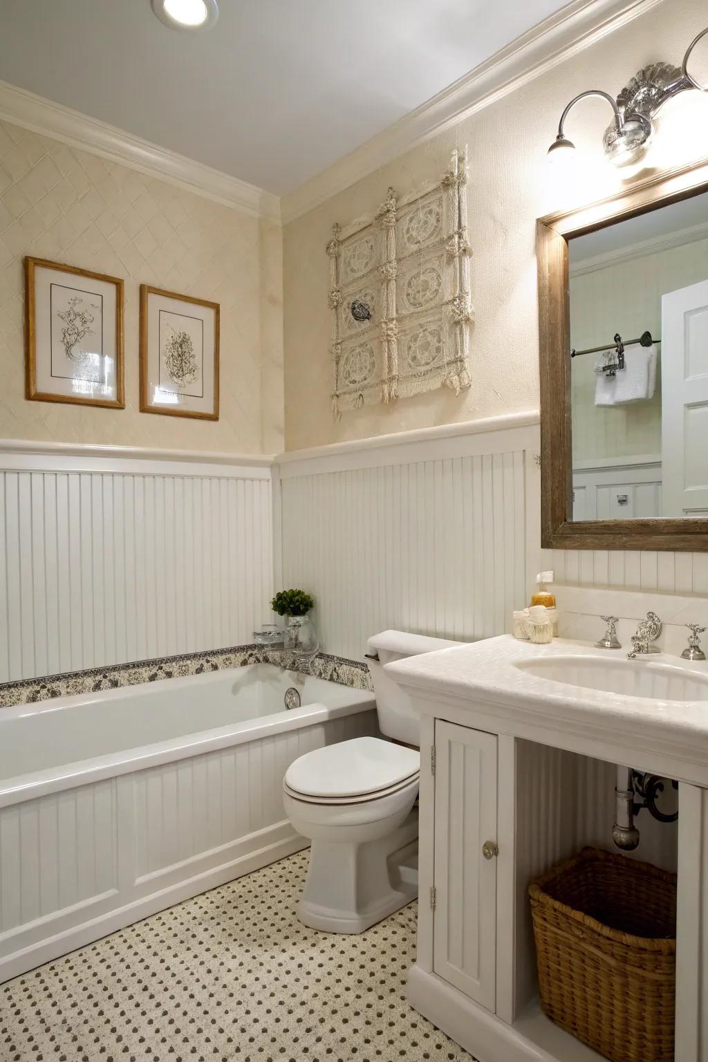 Beadboard and wainscoting add classic charm to washroom walls.