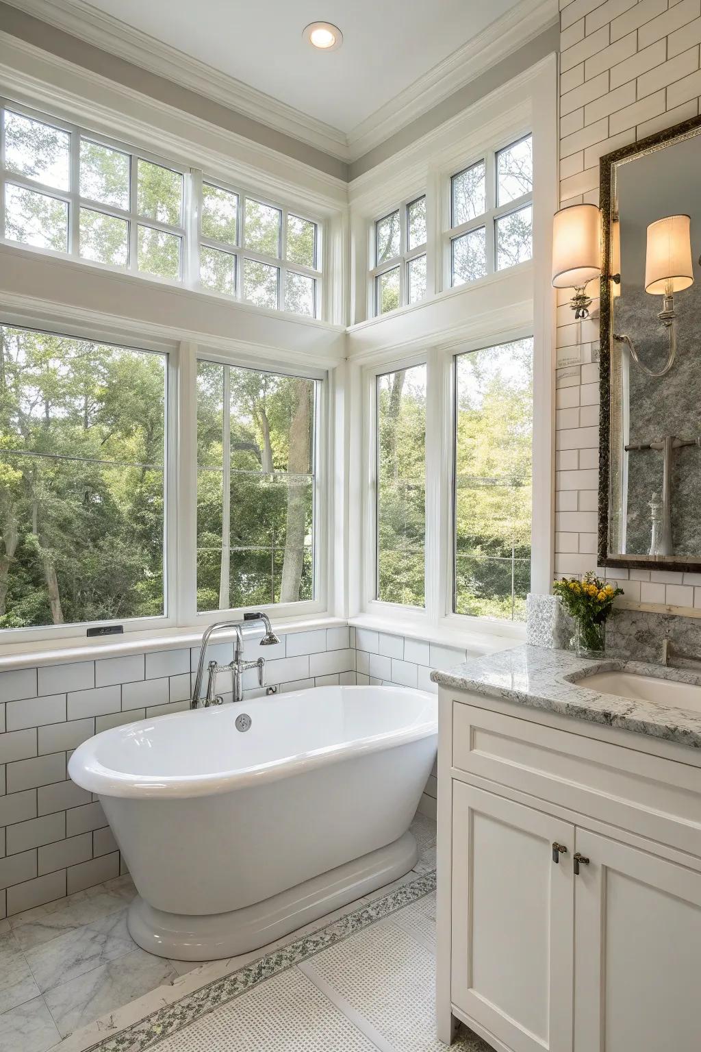 Bay windows contributing classic elegance to the restroom.