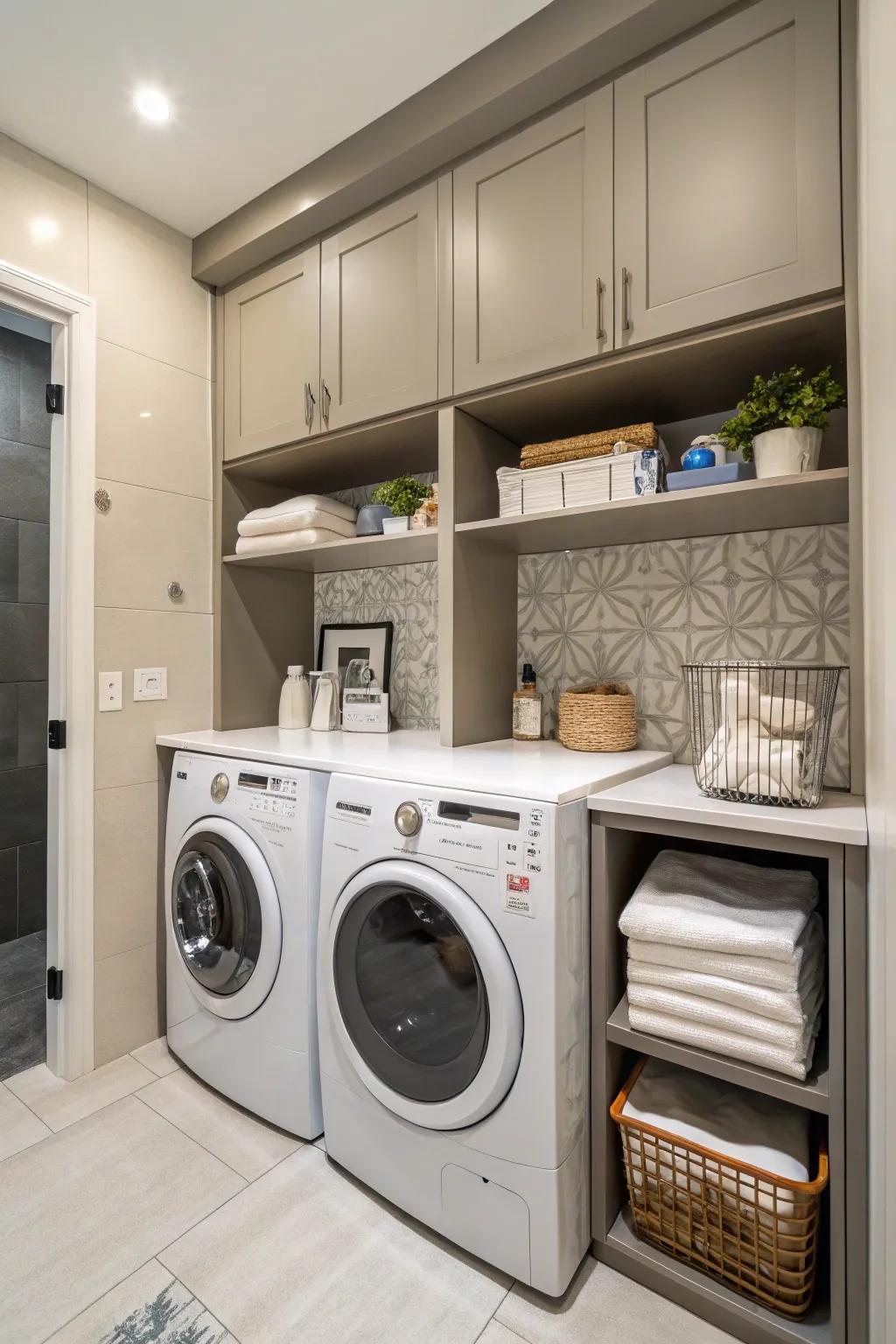 An elegant laundry nook tucked into a bathroom corner.