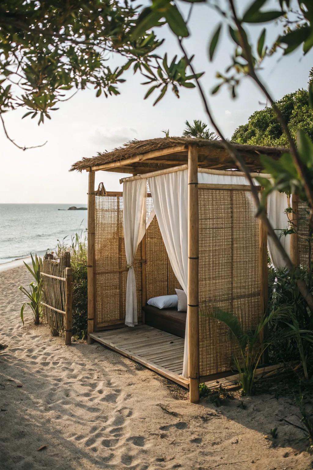 Bamboo screens impart seclusion and a tropical sensation to the beach shed area.