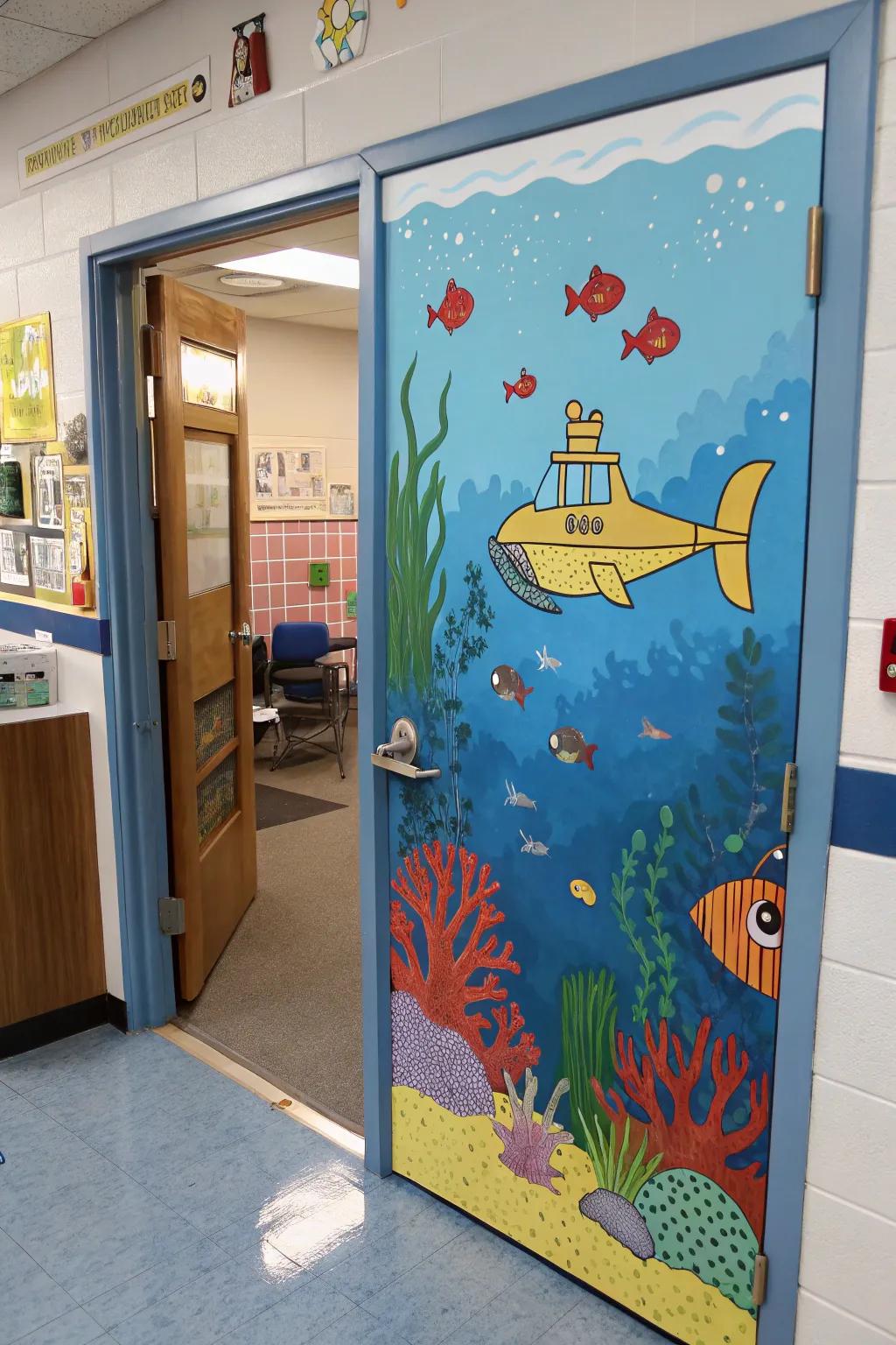 Subaqueous vessel scene on a classroom entrance for an adventurous sensation.