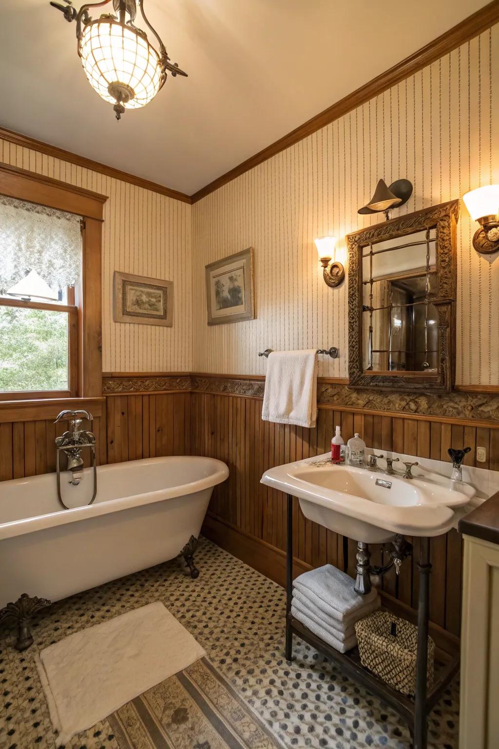 Paneling plus retro fixtures evoke vintage enchantment.