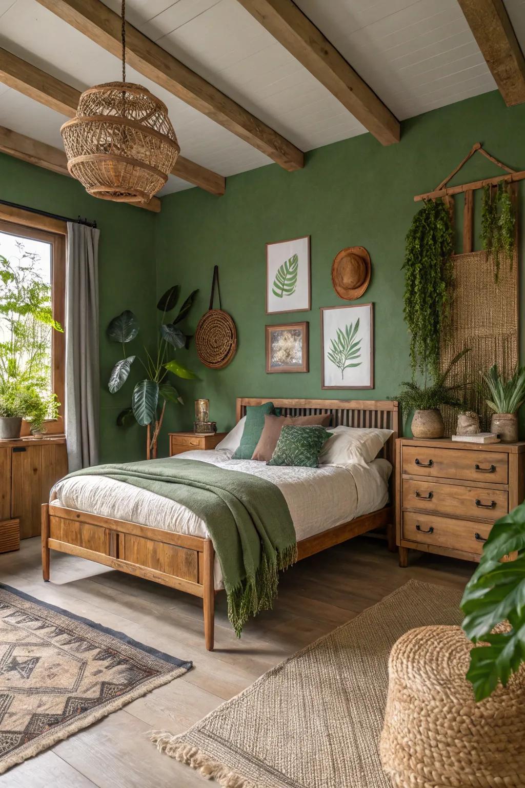Organic greens create a serene and natural bedroom atmosphere.