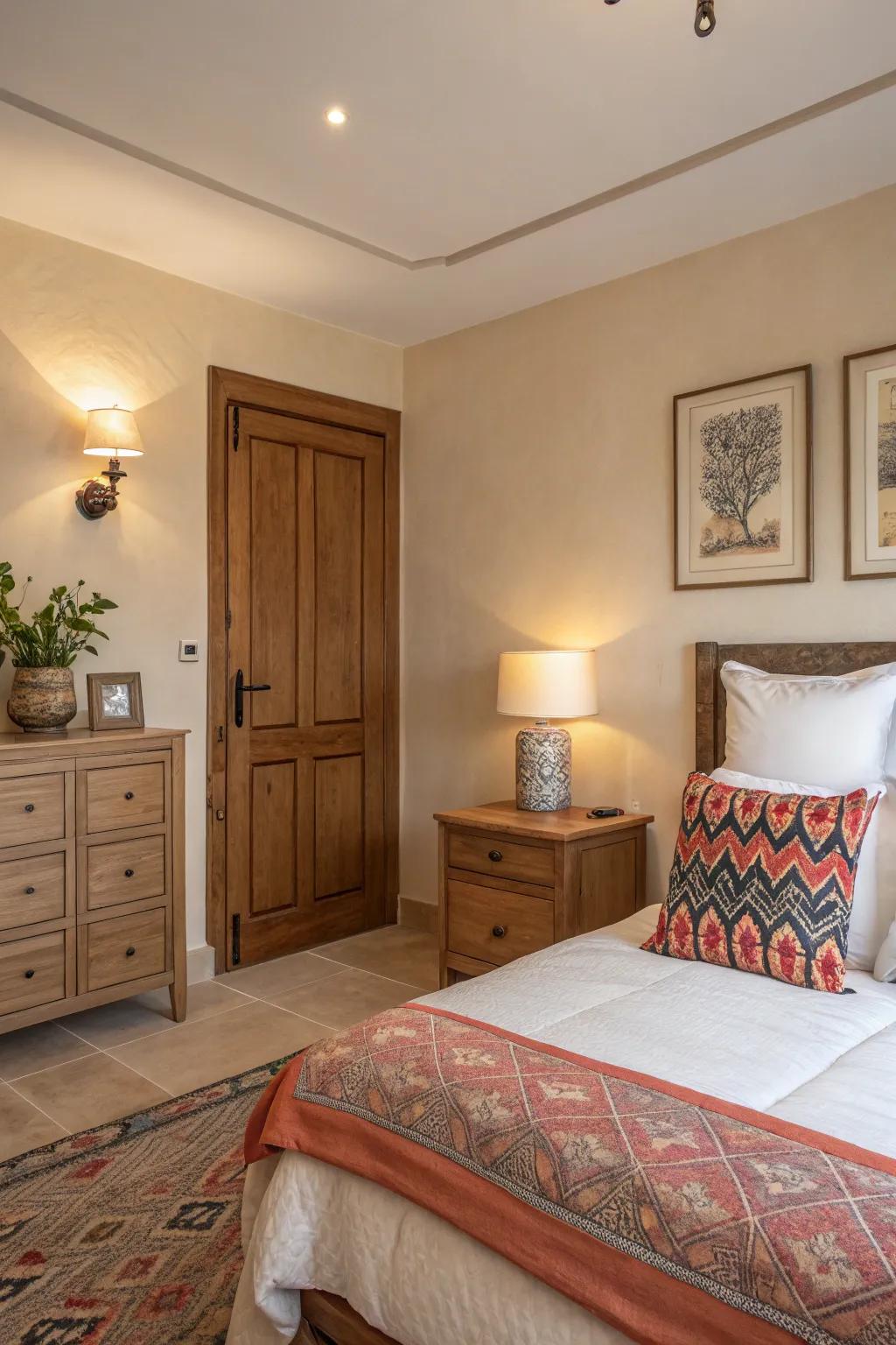 A burst of color infuses vibrancy and intrigue into a neutral bedroom.