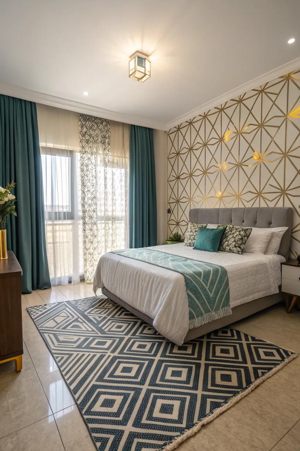 Geometric designs impart modern flair to this fashionable bedroom.