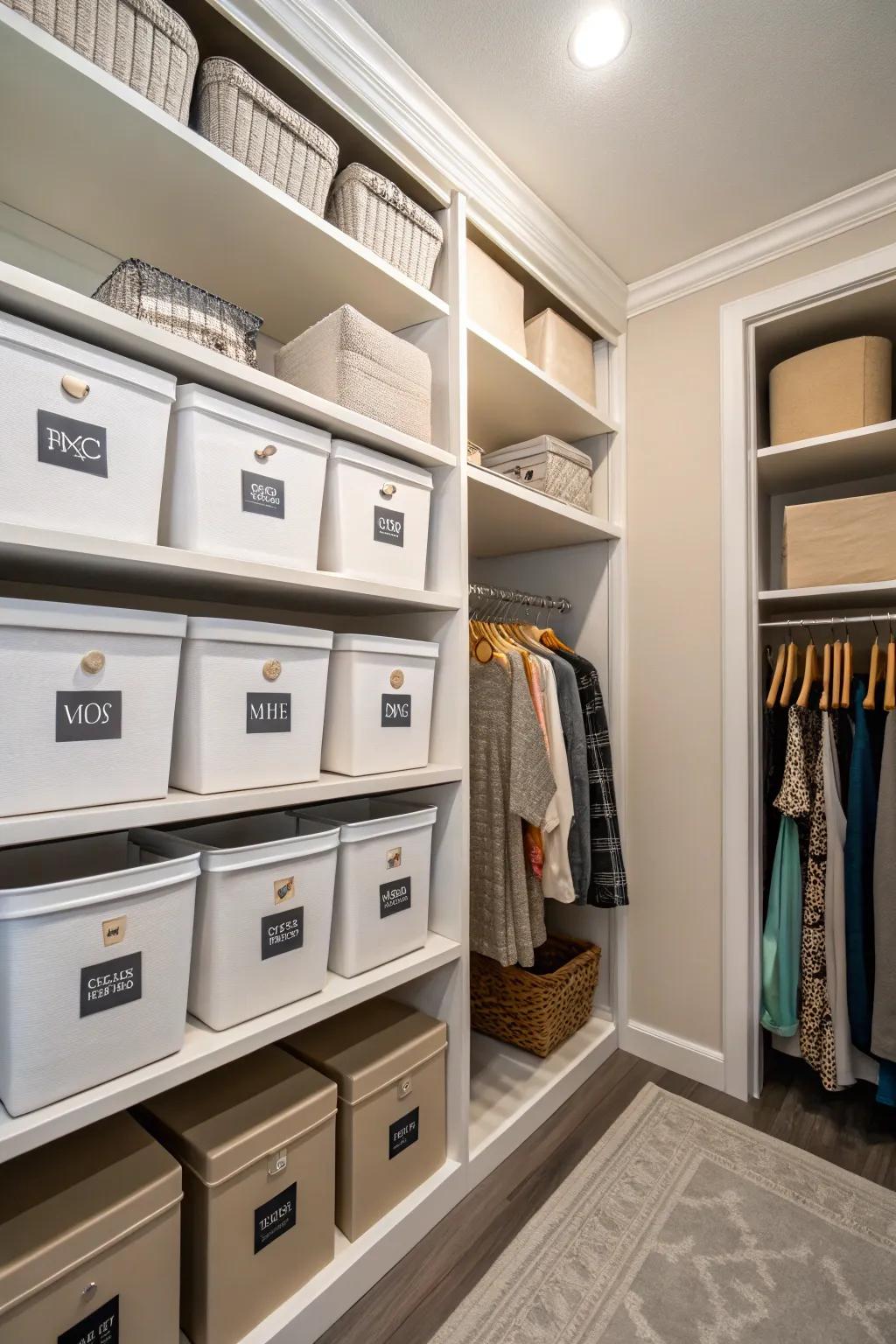 Streamline organization by labeling storage solutions clearly.