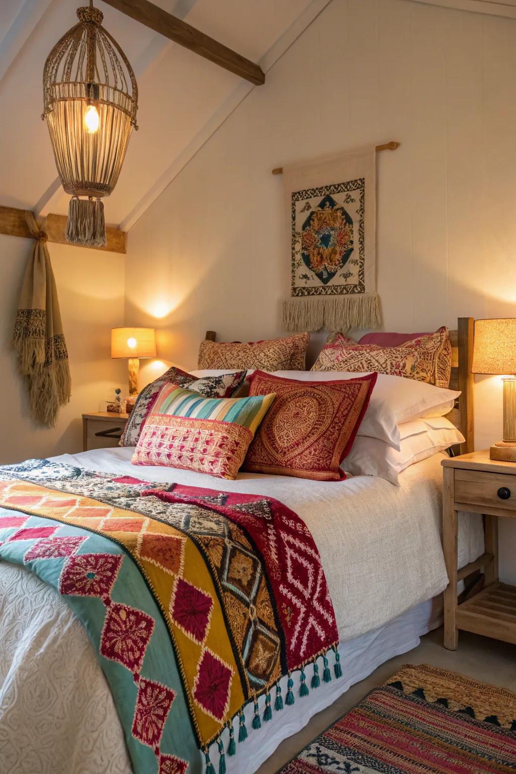 A bedroom showcasing vibrant splashes of hue via accents.