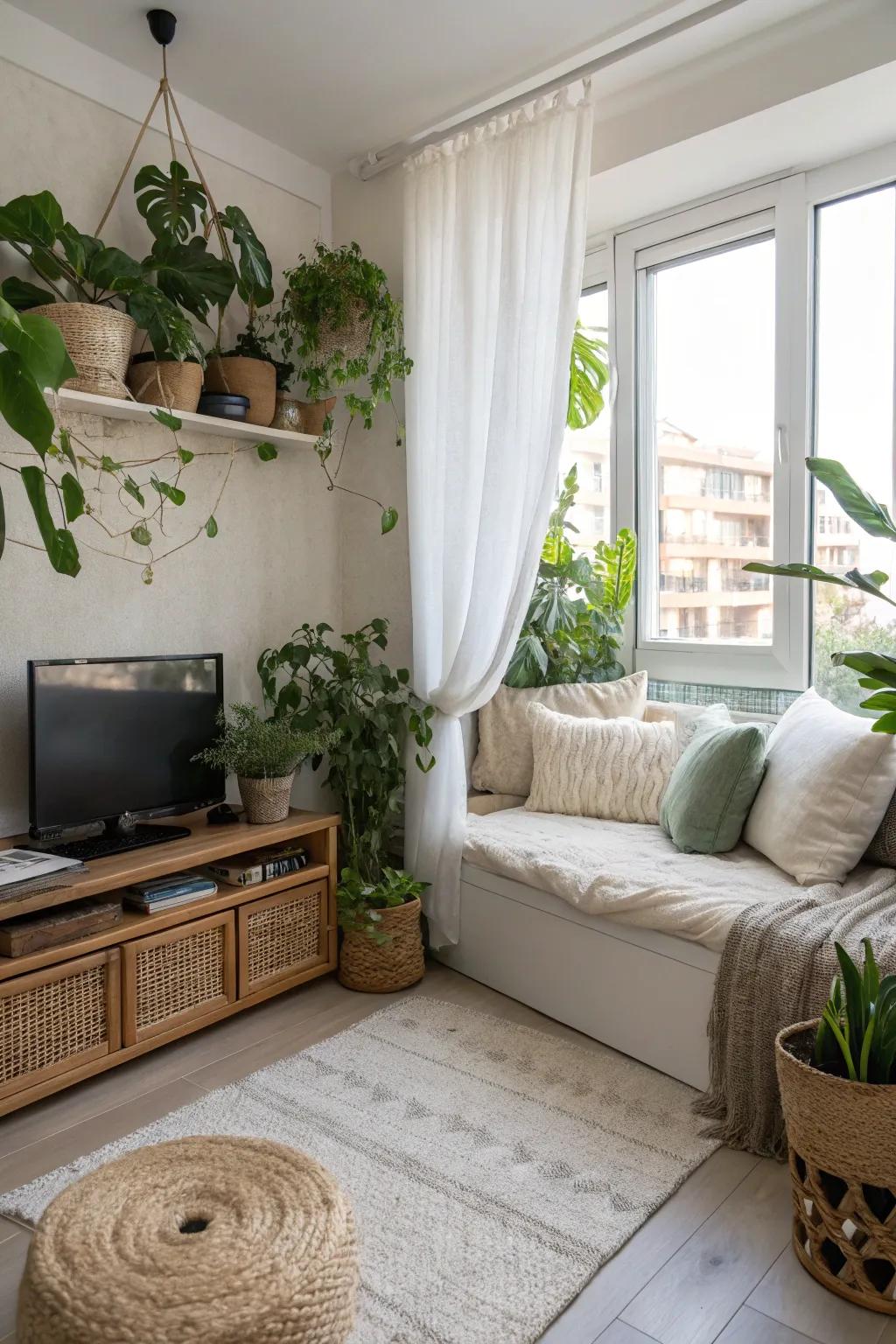 Greenery brings a fresh, natural element to your bedroom TV space.