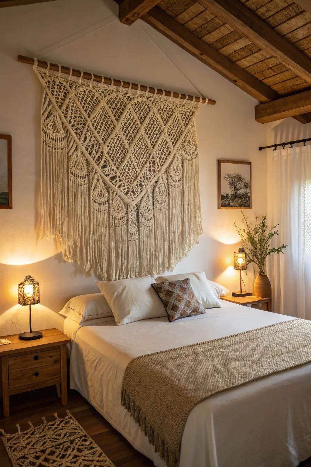 Fabric wall draperies add softness and texture to bedroom decor.