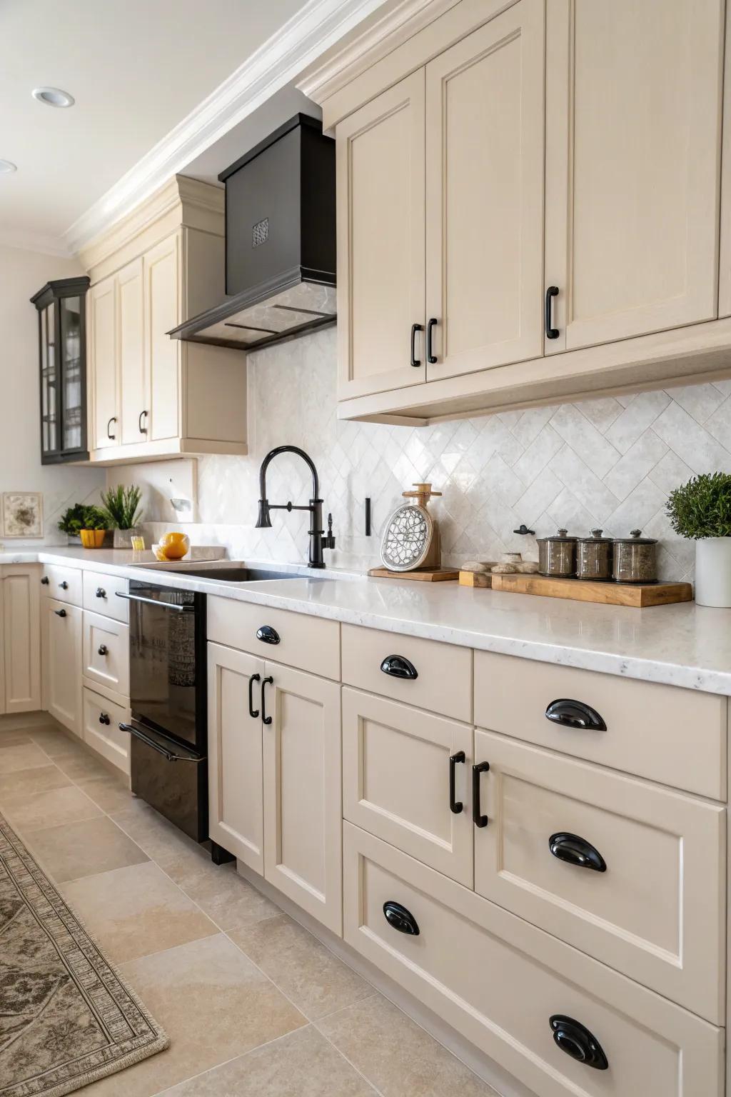 Deep accents provide a sophisticated contrast to the light palette.