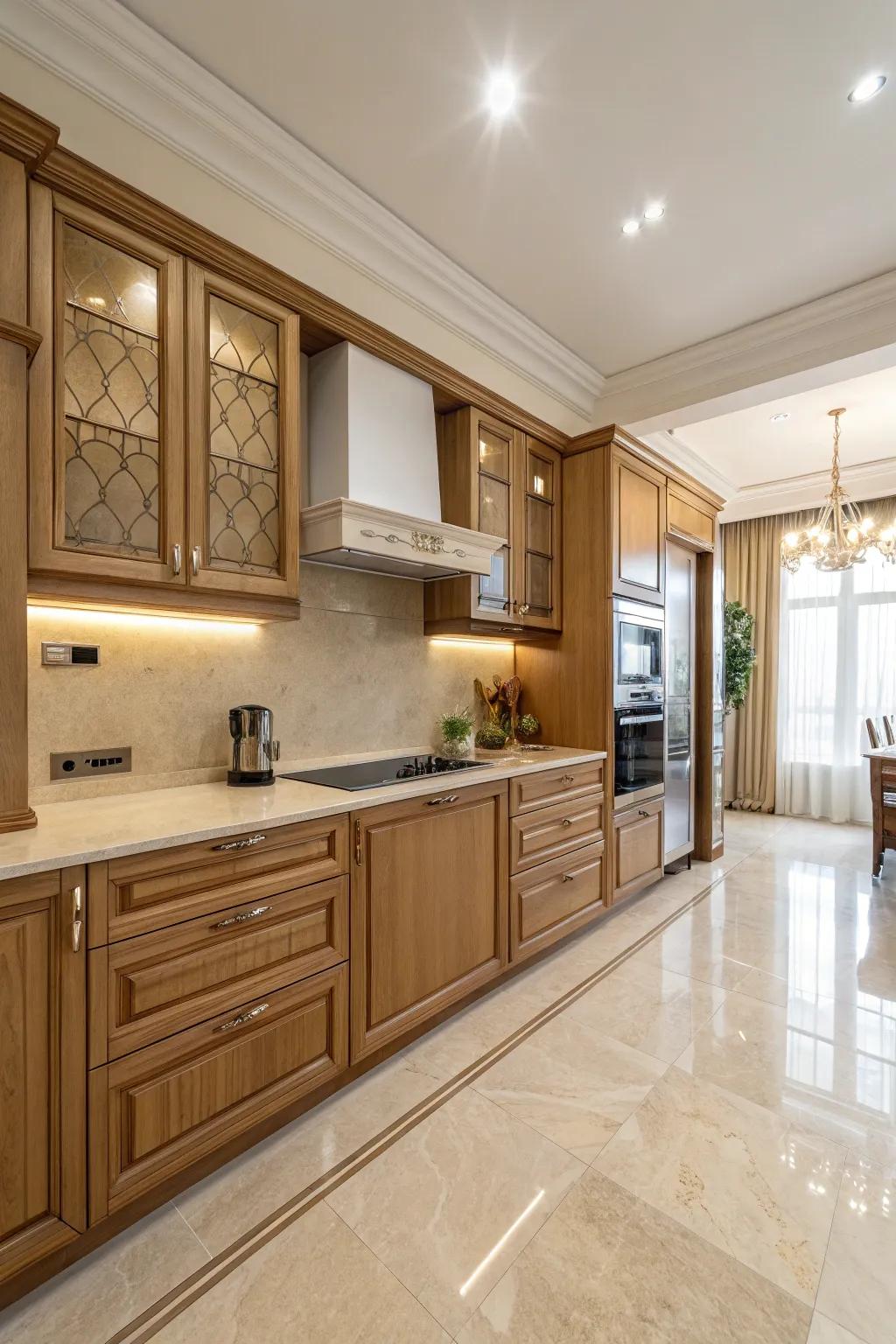 A beige cooking space seamlessly weaves together enduring design with practicality.
