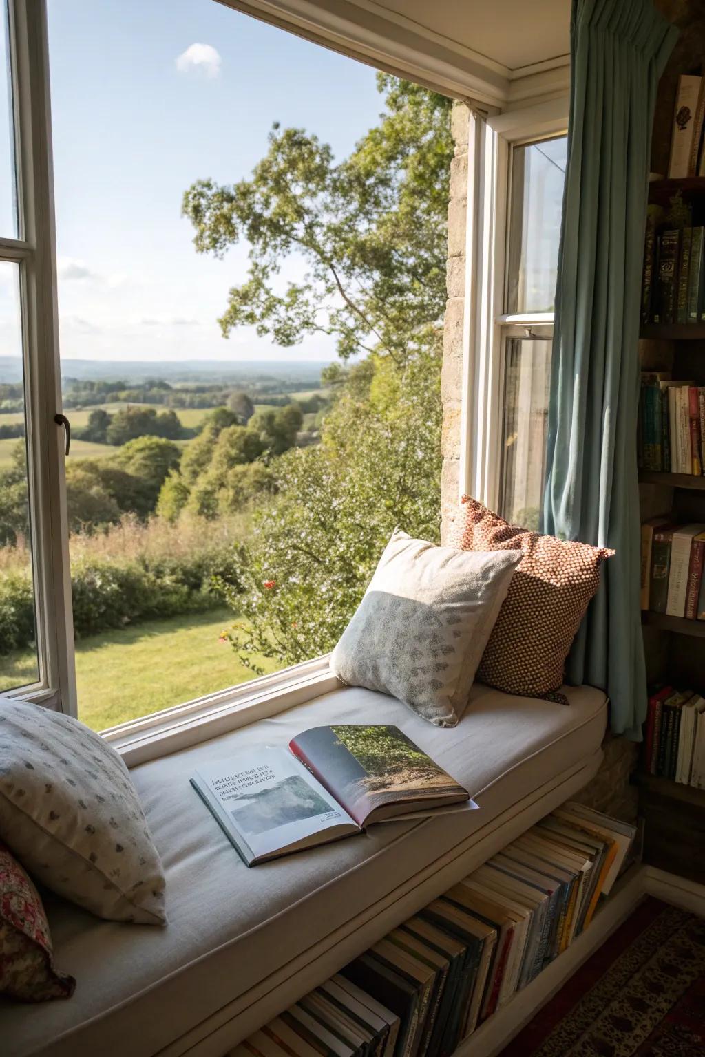 A window seat with cushions creates a perfect reading nook.