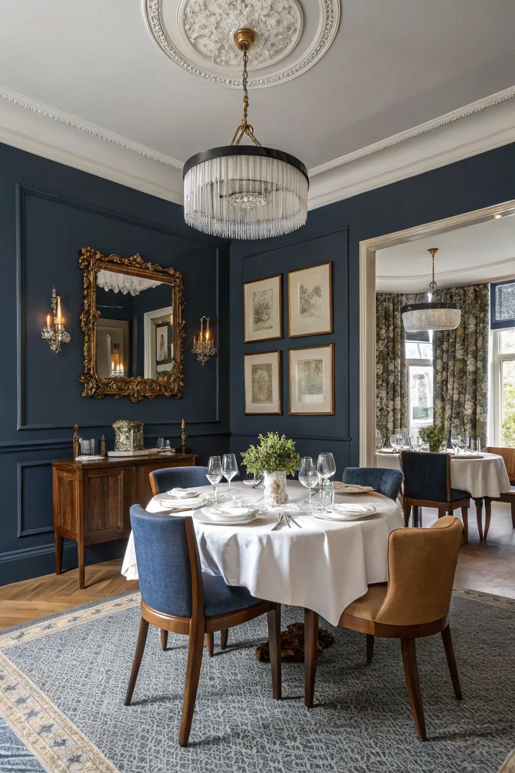 Marine blue provides timeless style to dining areas.