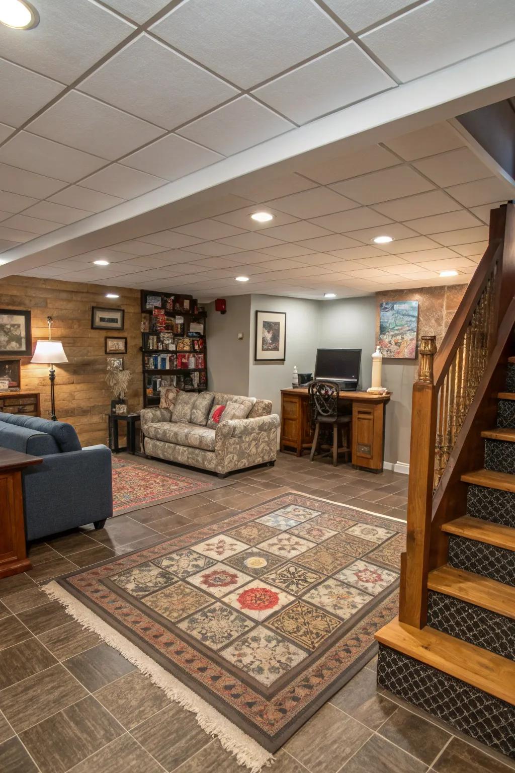 Blended textures can define distinct zones in basement layouts.