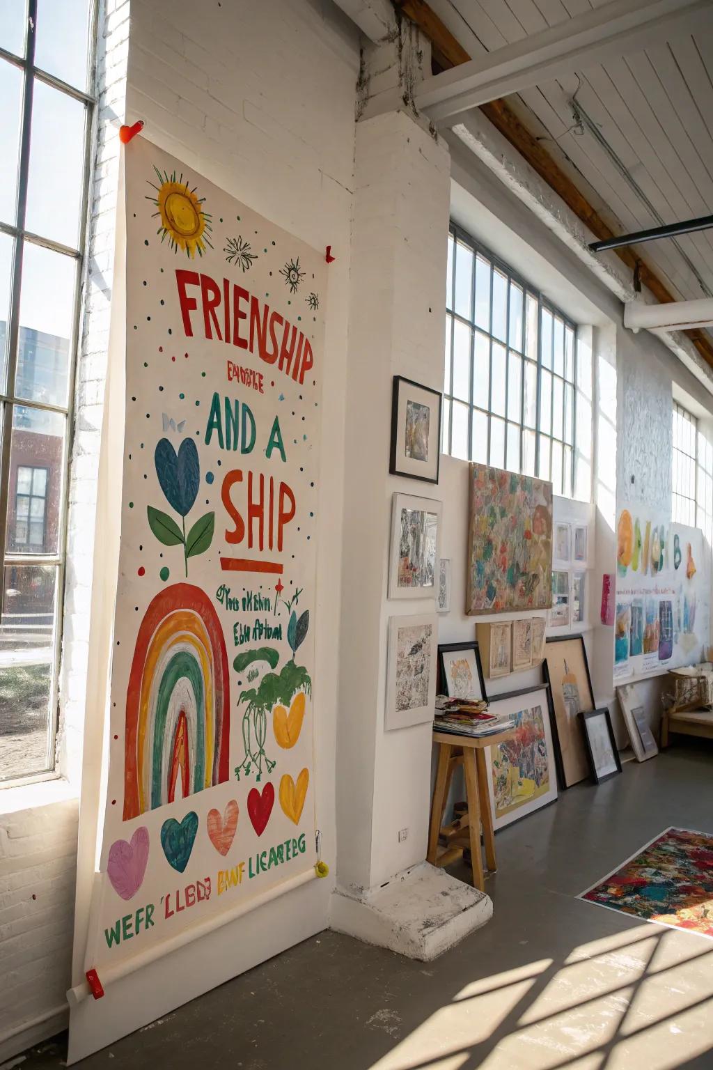 A vibrant hand-painted poster showcasing a personal touch in an art studio.