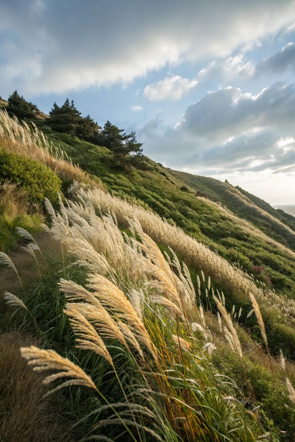 Decorative grasses add movement and texture to slopes.