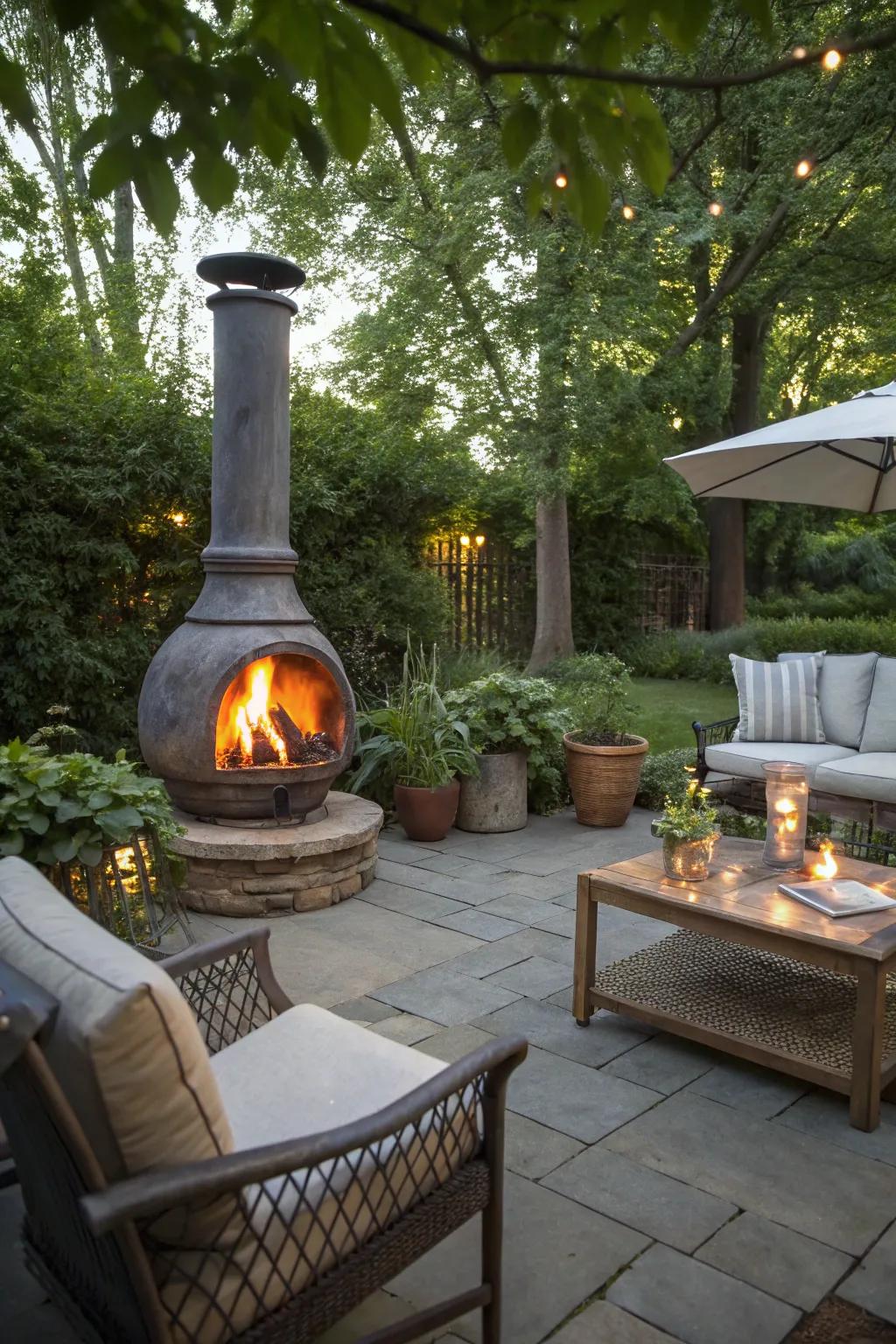 A chiminea brings rustic charm and warmth to any patio scene.
