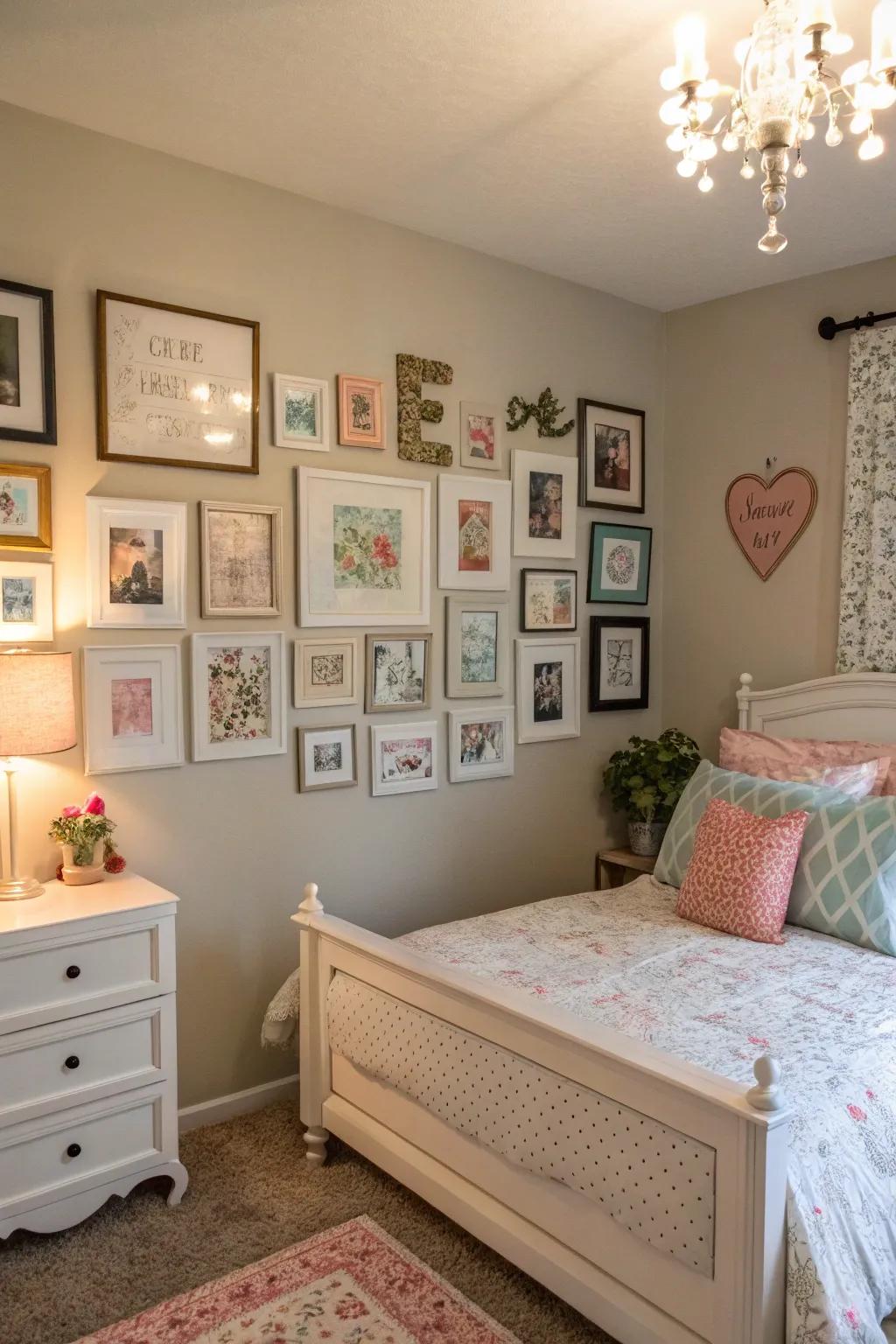 A display wall that tells her personal story through art and photos.