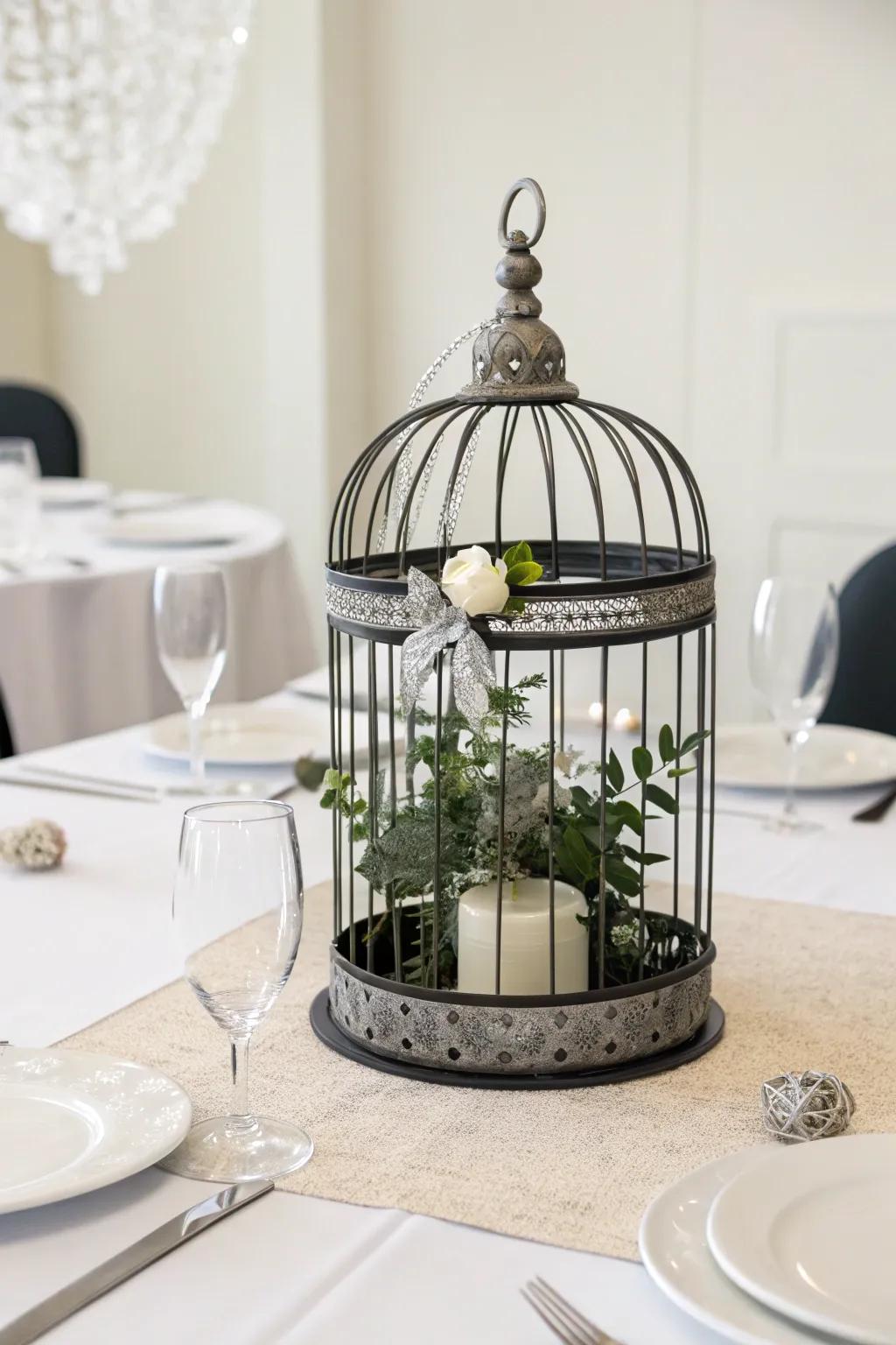 A brave and modern bird cage centerpiece presenting sleek design.