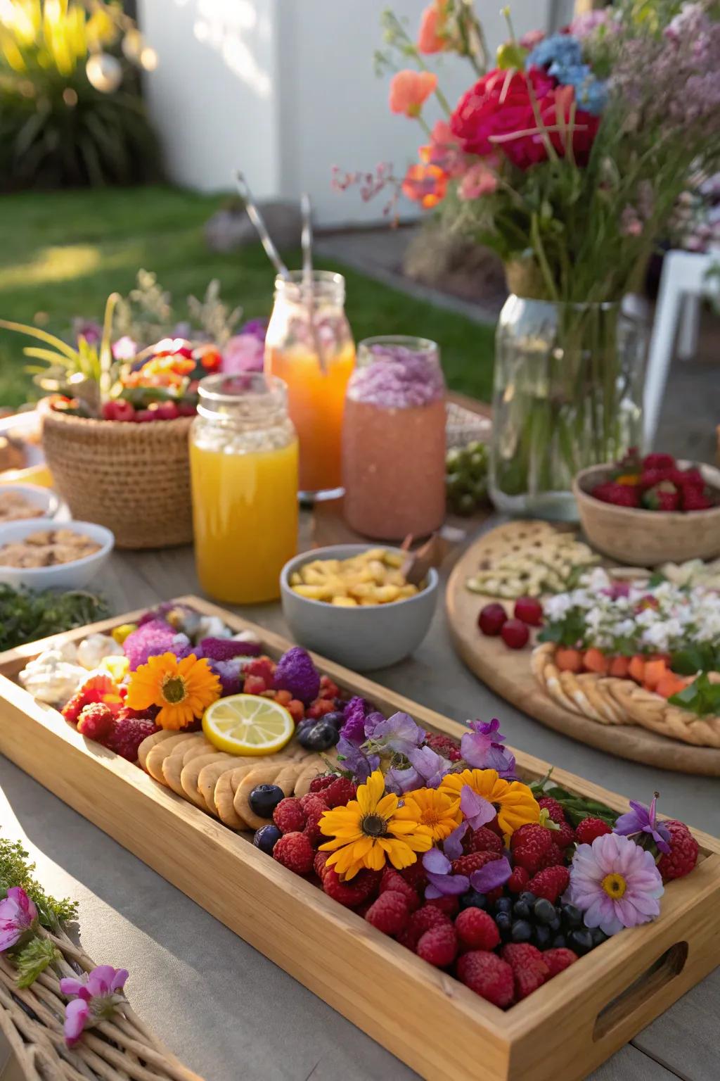 Consumable flowers introduce a natural and vibrant detail to your grazing arrangement.