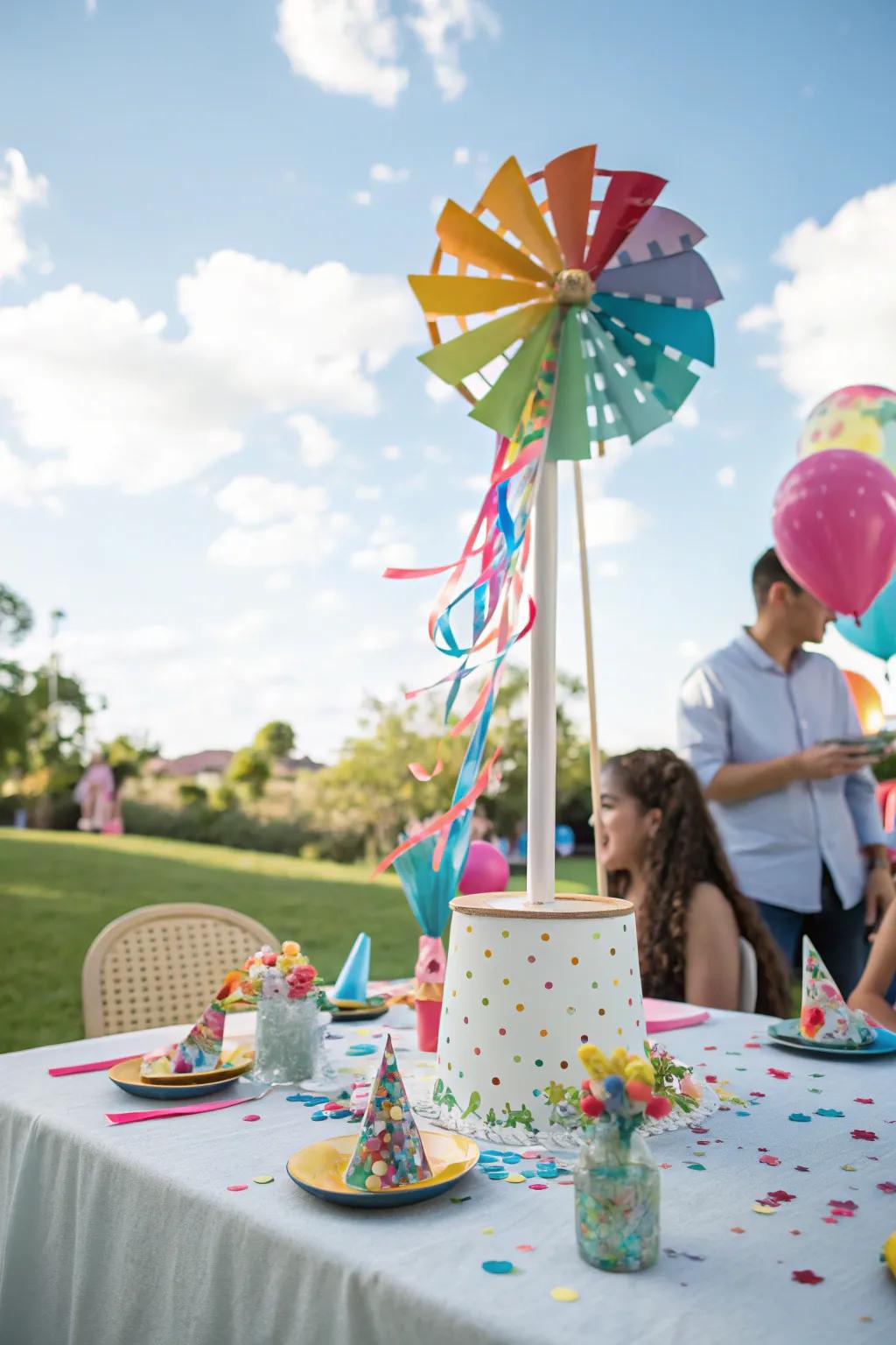 Whimsical windmills add a playful flair to any party setting.