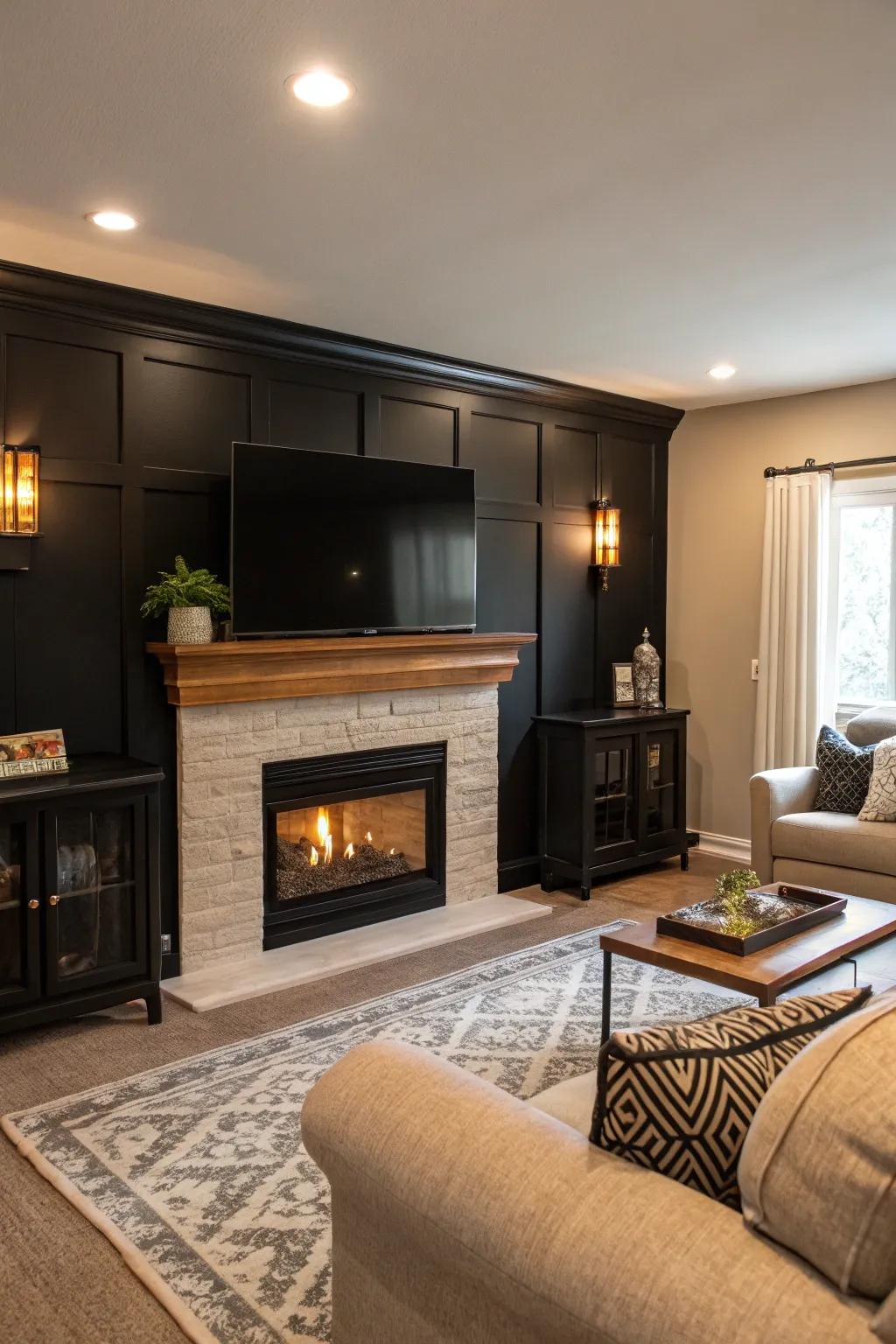 A hearth injects warmth and luxury to a dark-toned statement wall.