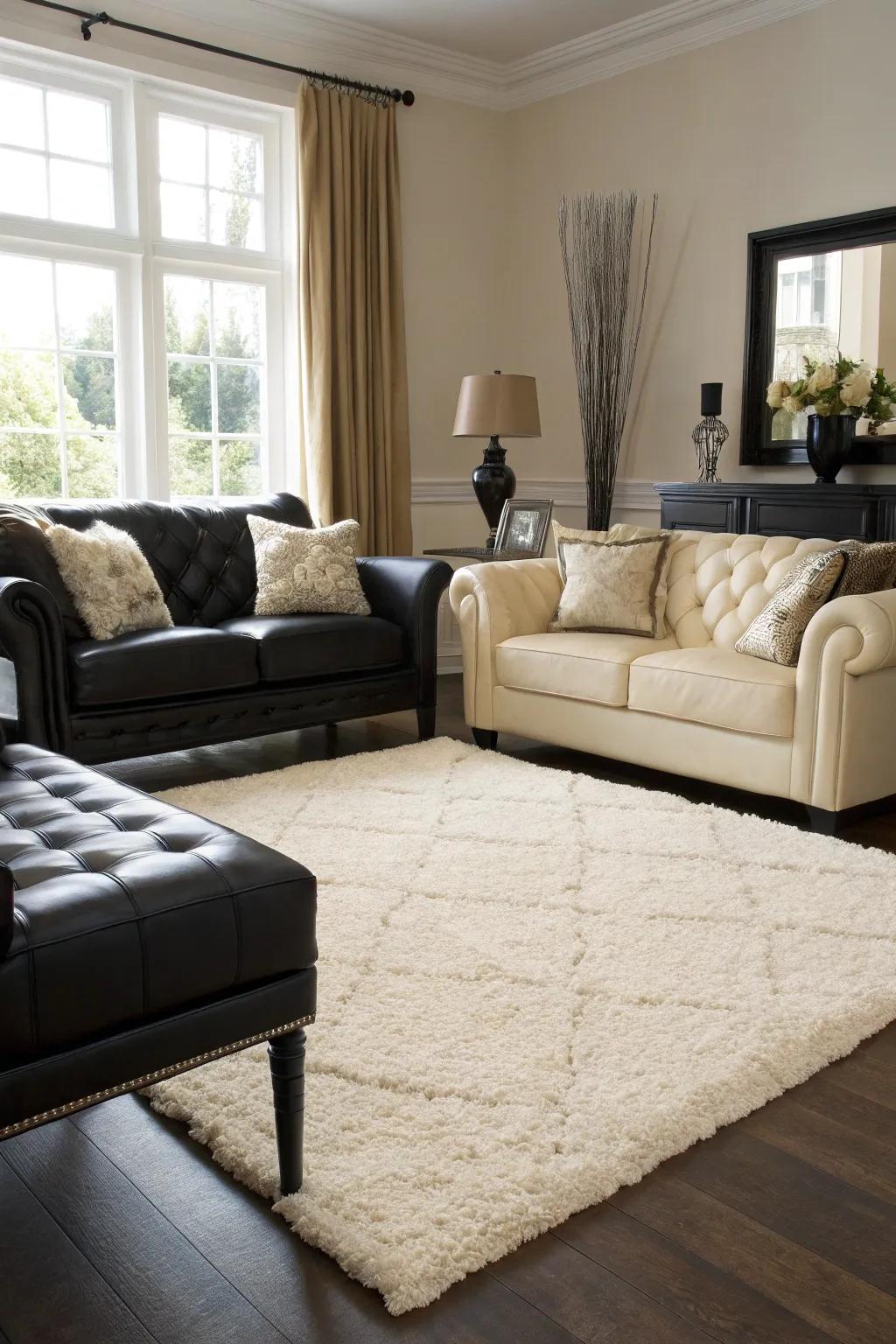 A delicate ivory rug introduces coziness and ease to the elegant living area.