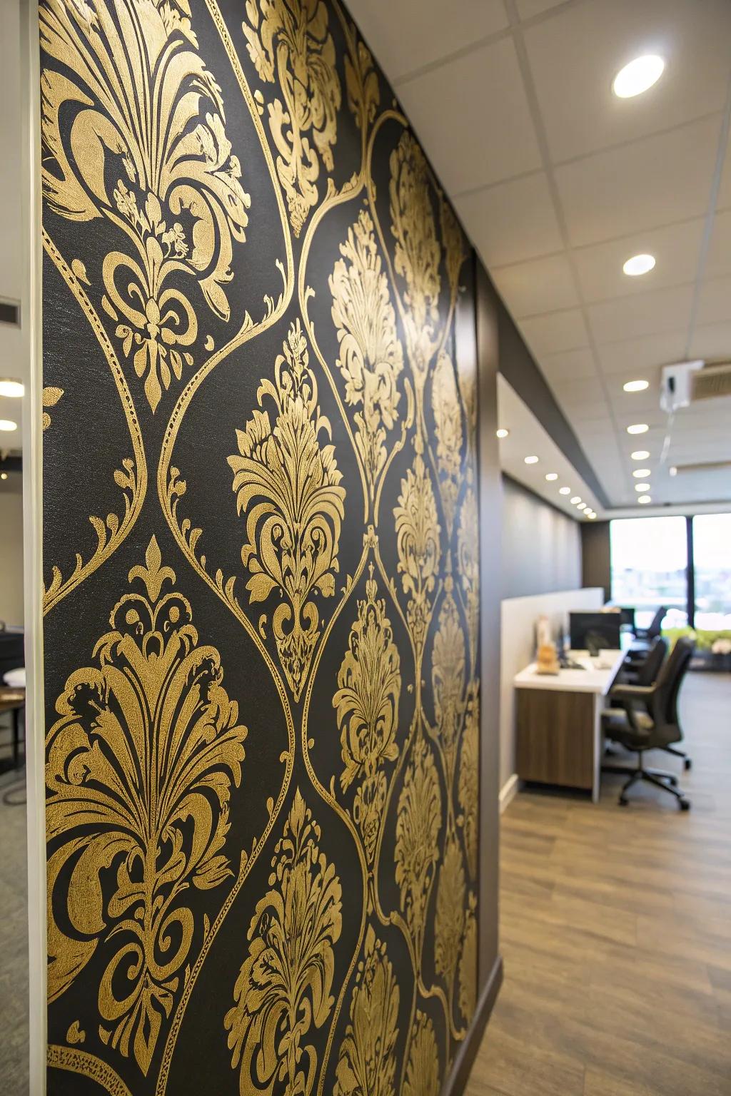 Ebony and gilded wallpaper generates a bold assertion within your office.