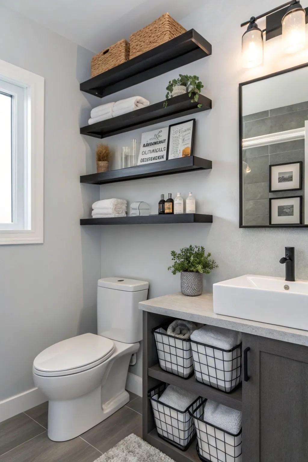 A bathroom featuring suspended racks that coalesce style with functionality.