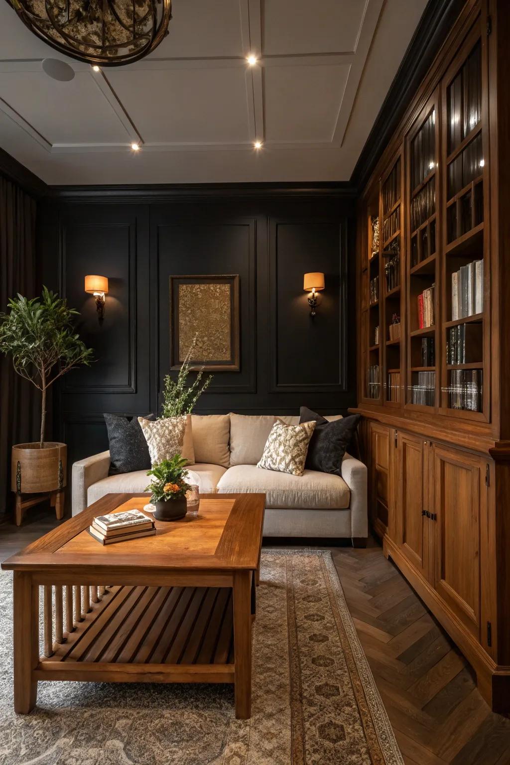 A snug room featuring somber walls and heated timber tones forging a rich comparison.