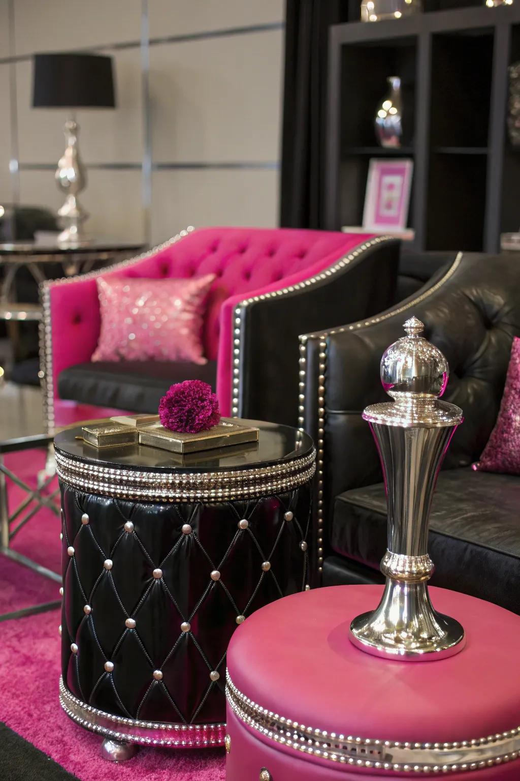 Shiny touches enhance the room's opulent feel.