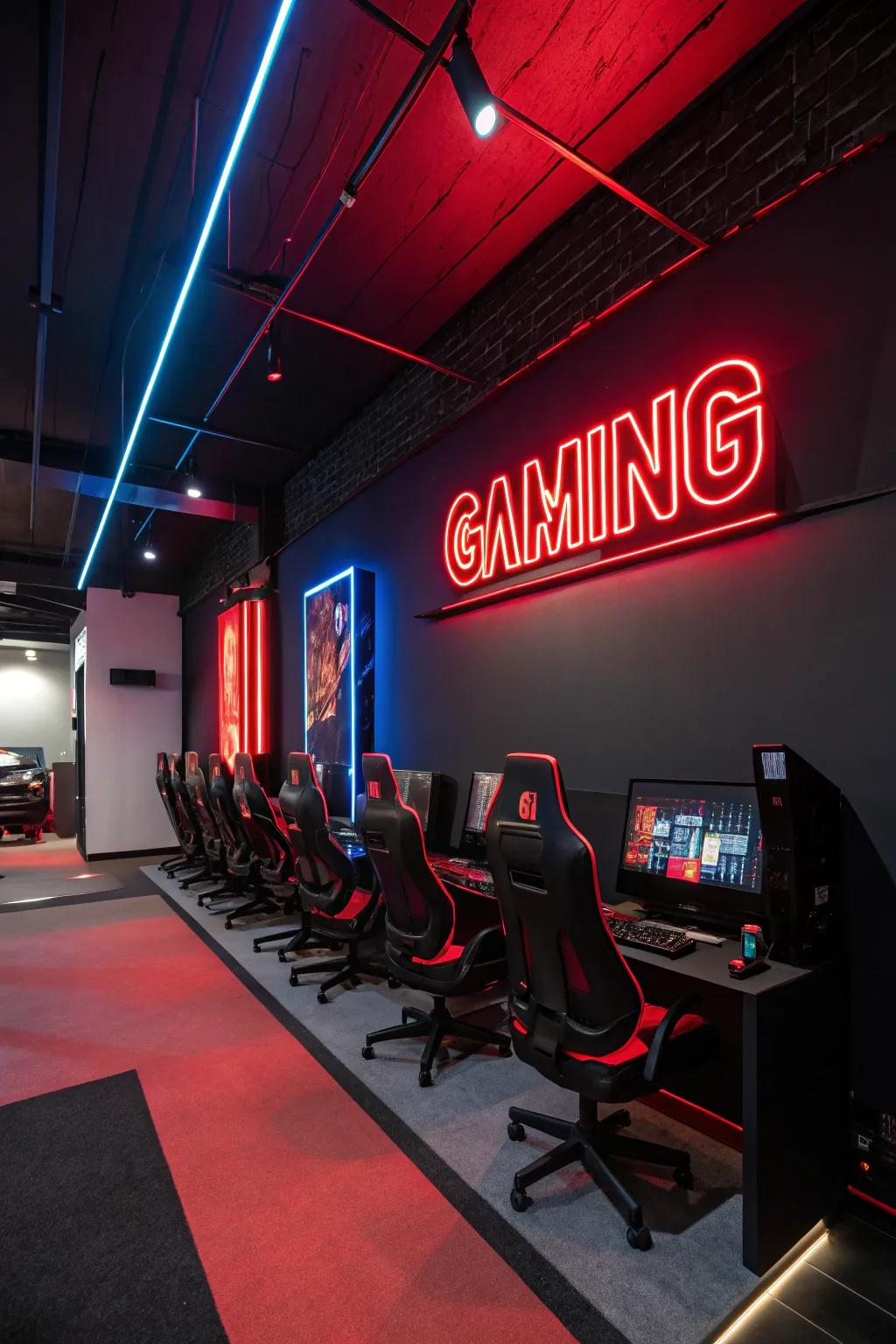 A neon sign introduces a hint of flair and a modern spin to the gaming chamber.