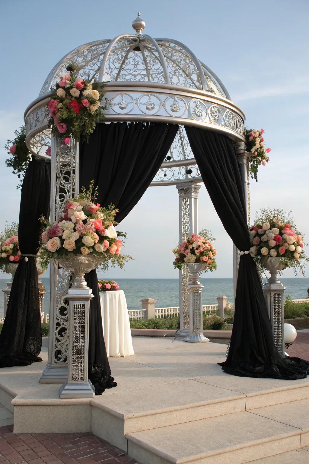 A special vow arch accented with coal and shimmer.