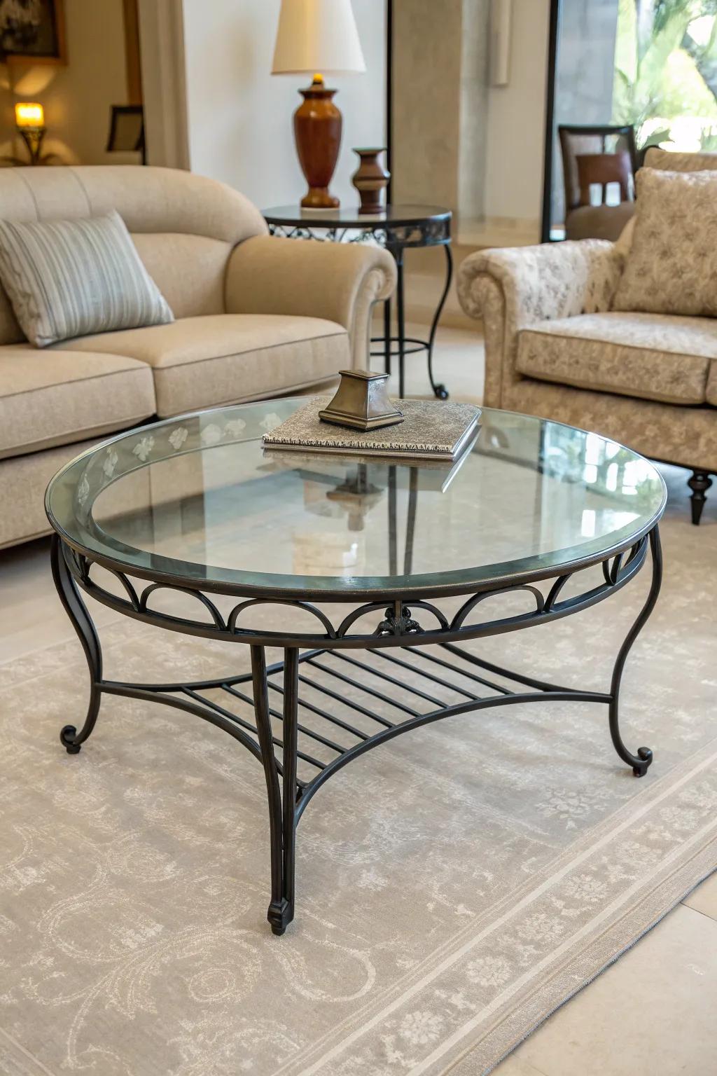 A sitting room displaying a glass center table with dark metal legs for a modern touch.