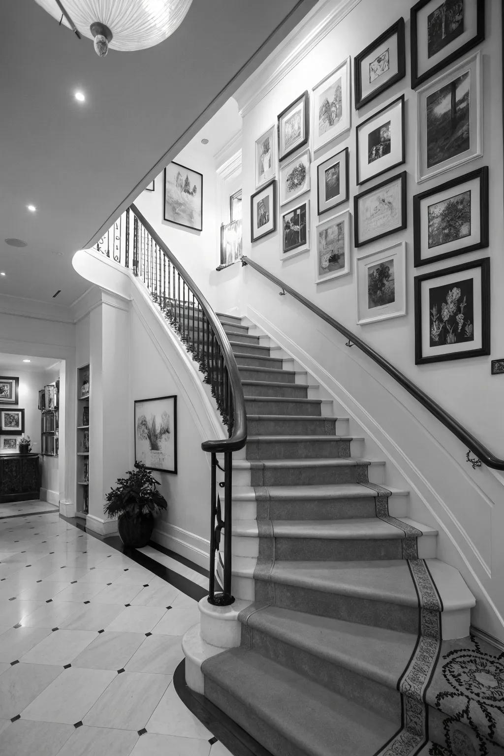 A staircase provides the ideal backdrop for a home art exhibit wall.