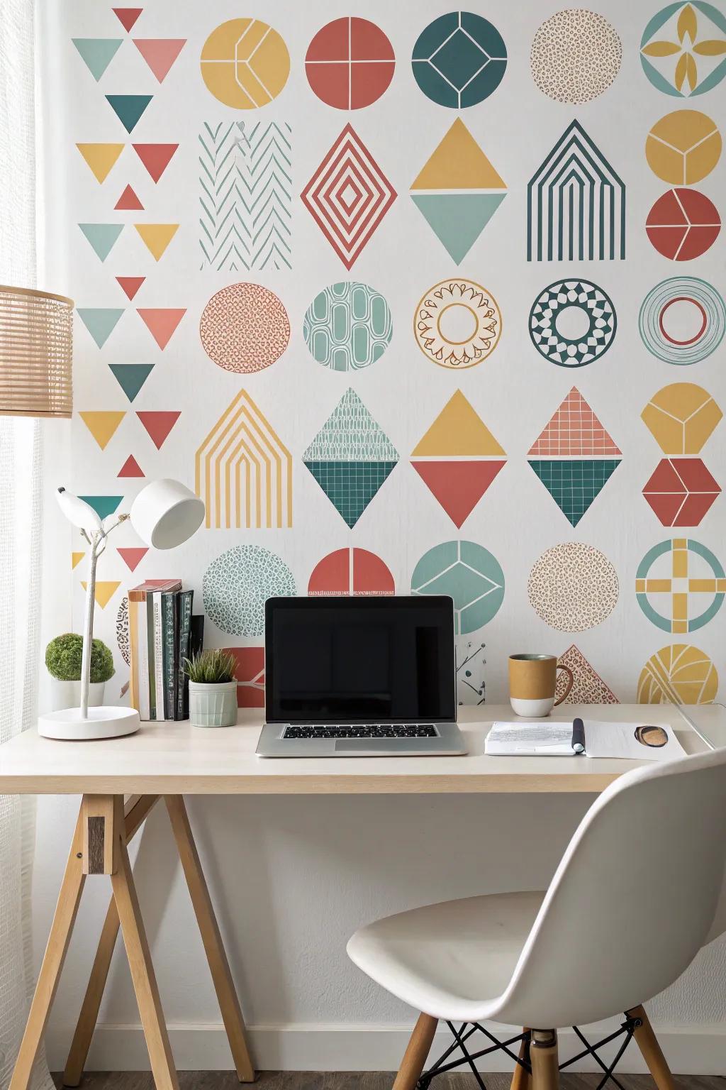 Symmetric decals providing a stylish backdrop in a home office.