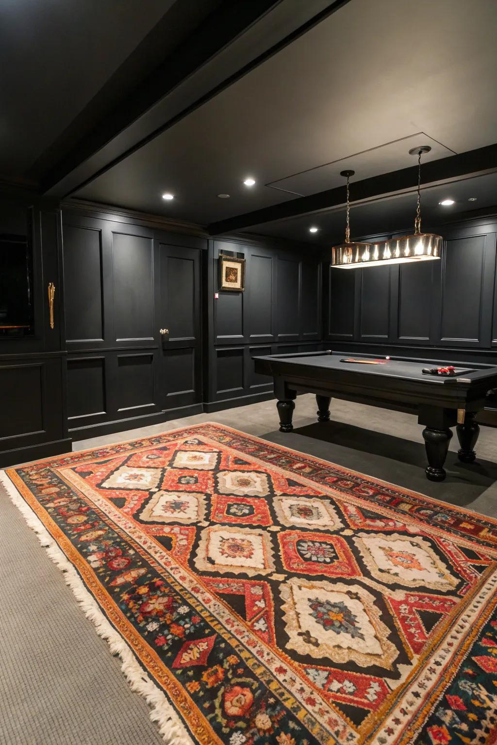 Styled floor textiles add texture and aid in defining distinct zones within the space.