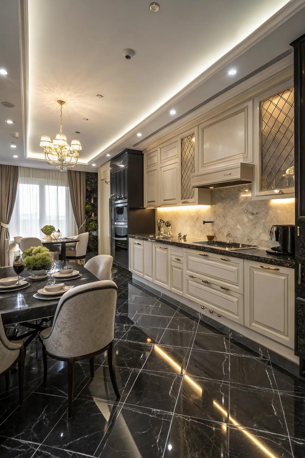A kitchen exuding luxury with dark marble floor tiles.