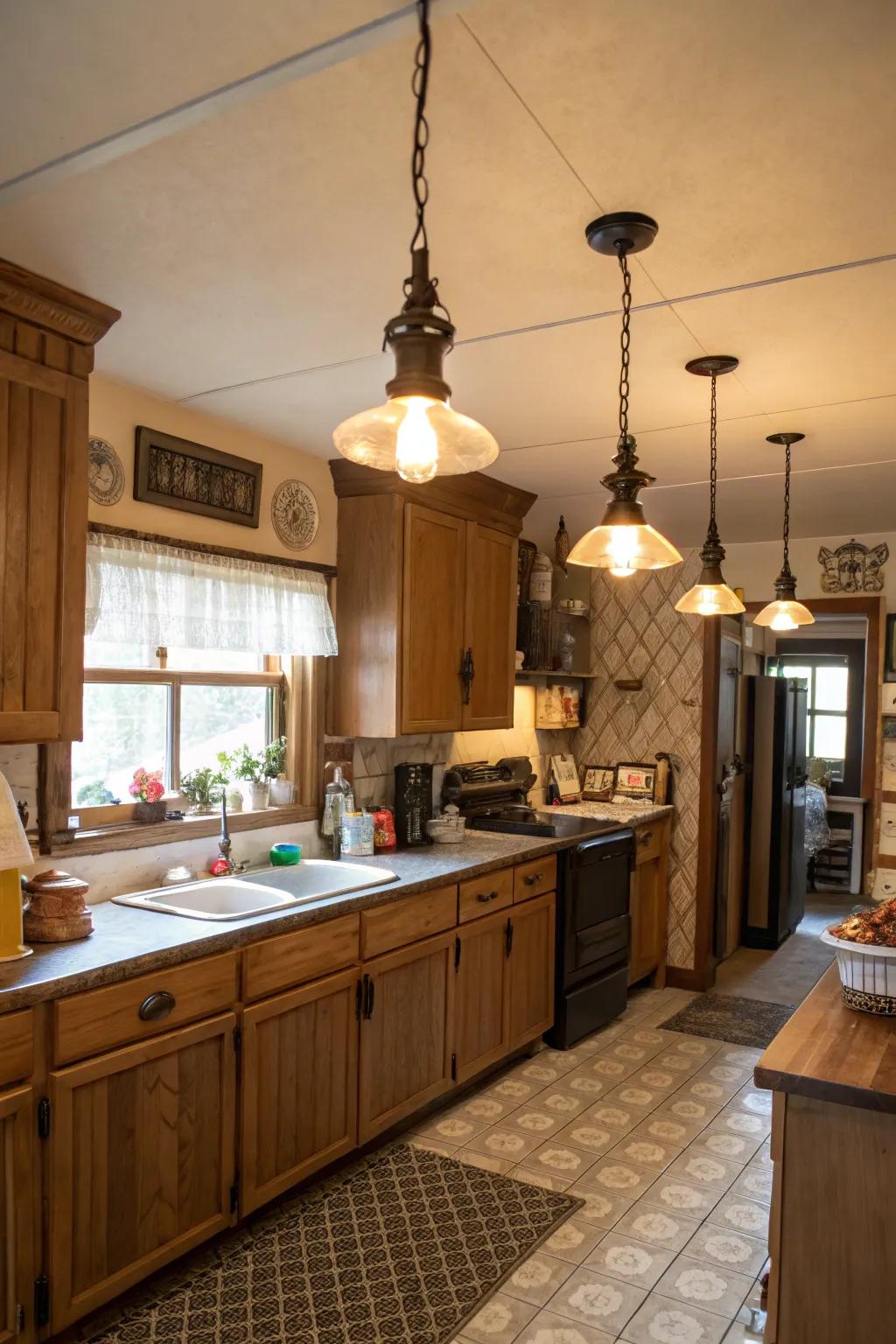 Vintage dark elements bring timeless charm to the kitchen.