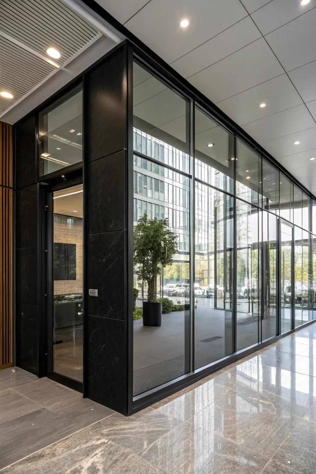 Glass elements bring elegance and light to a dark office.