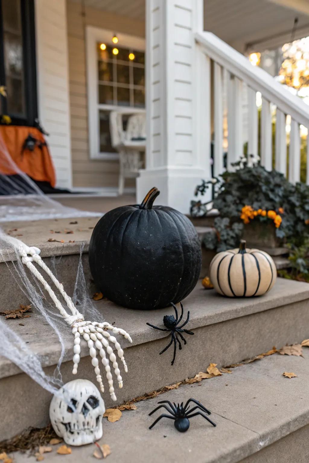 An ebony gourd featuring skeletal phalanges and arachnids, fashioning a spectral entrance.